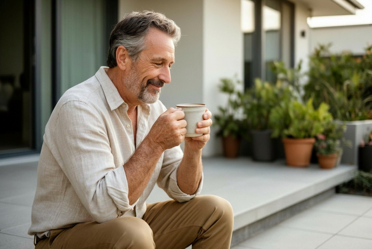 Adult in professional-casual attire enjoying a quiet morning coffee on a clean home patio